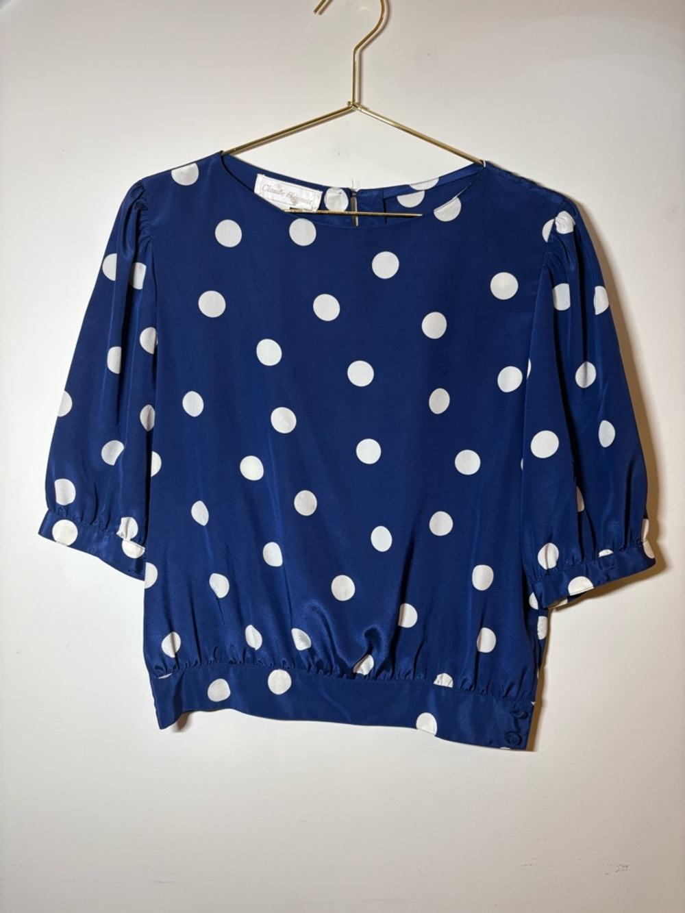 Vintage Navy Blue Blouse with White Polka Dots